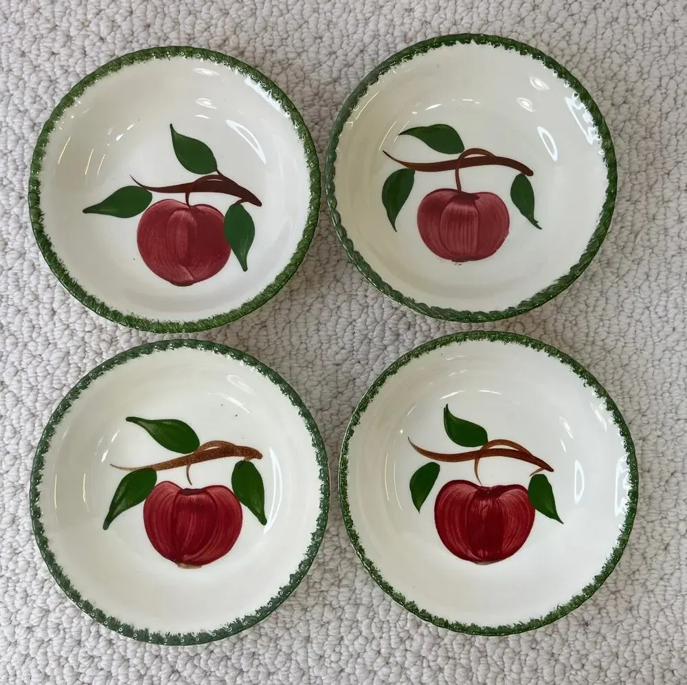 Quaker Apple Fruit Dessert Bowls Blue Ridge SP Red Green Candlewick VTG Lot of 4